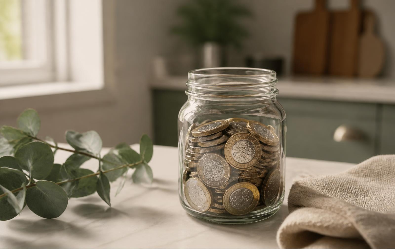 A glass jar of pound coins on a kitchen worktop in morning light