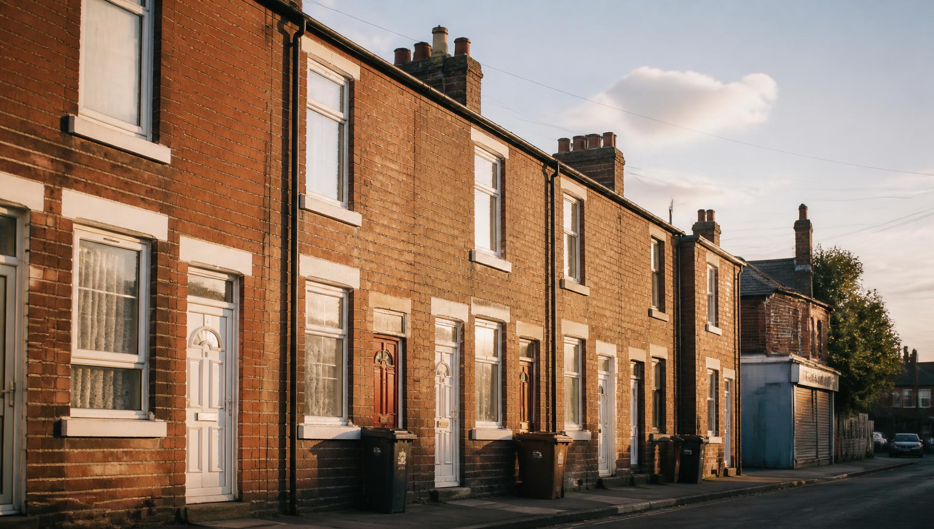 A row of ordinary red-brick British terraced houses in warm afternoon light