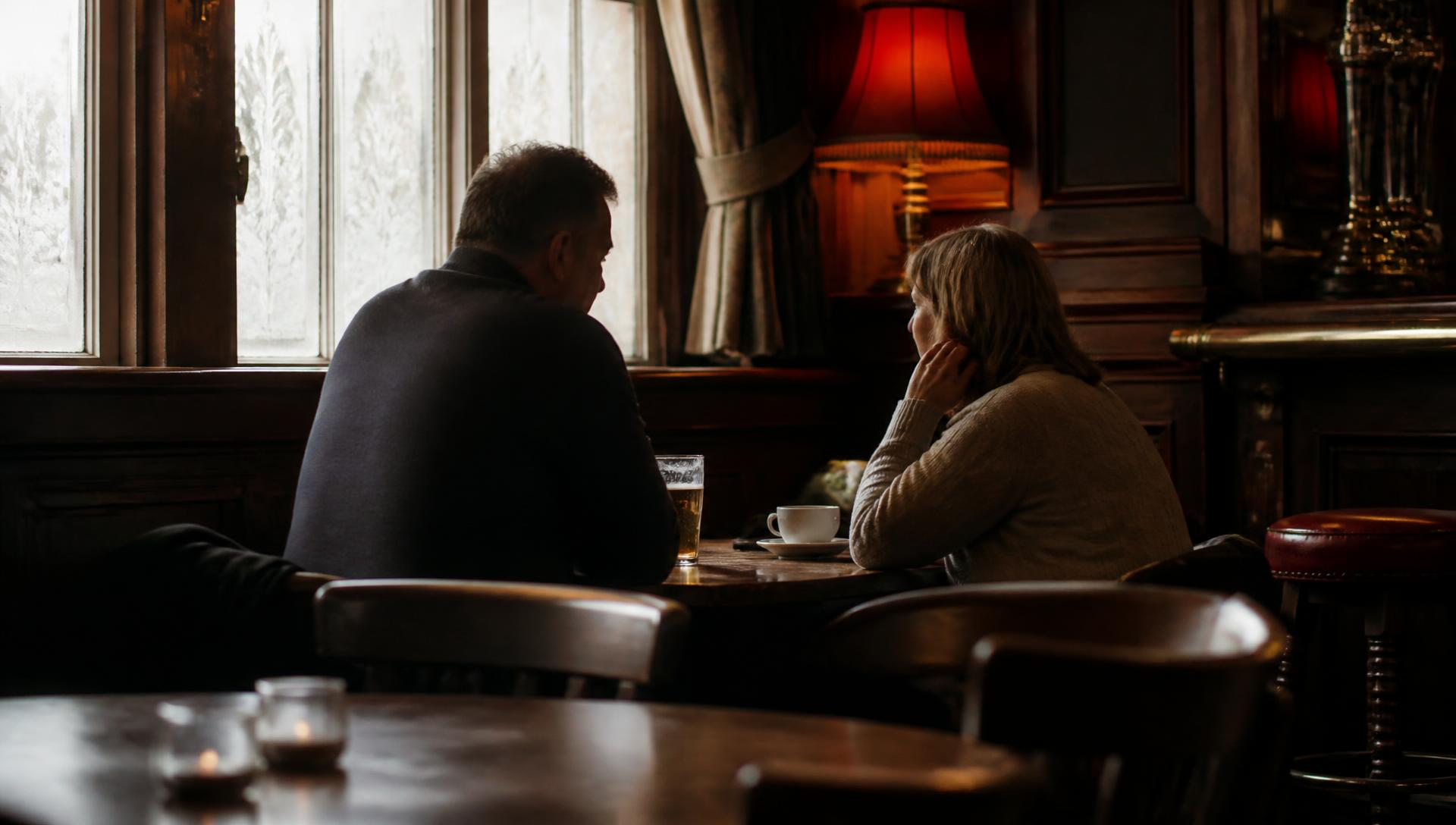 Two people talking quietly over a pint and a coffee in a warm British pub