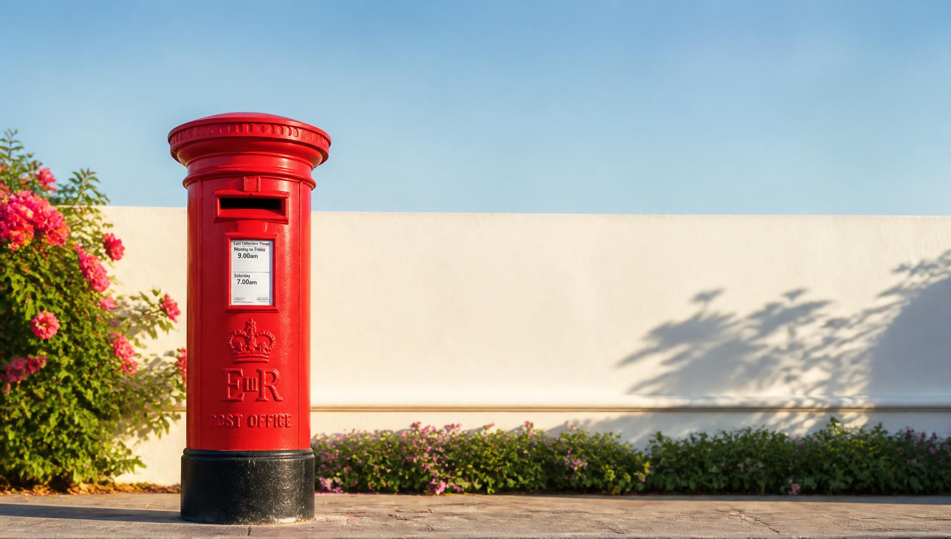 A red British pillar box on a sunlit pavement against a pale wall