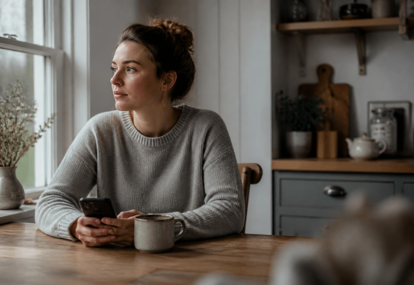A woman at her kitchen table with a cup of tea and her phone
