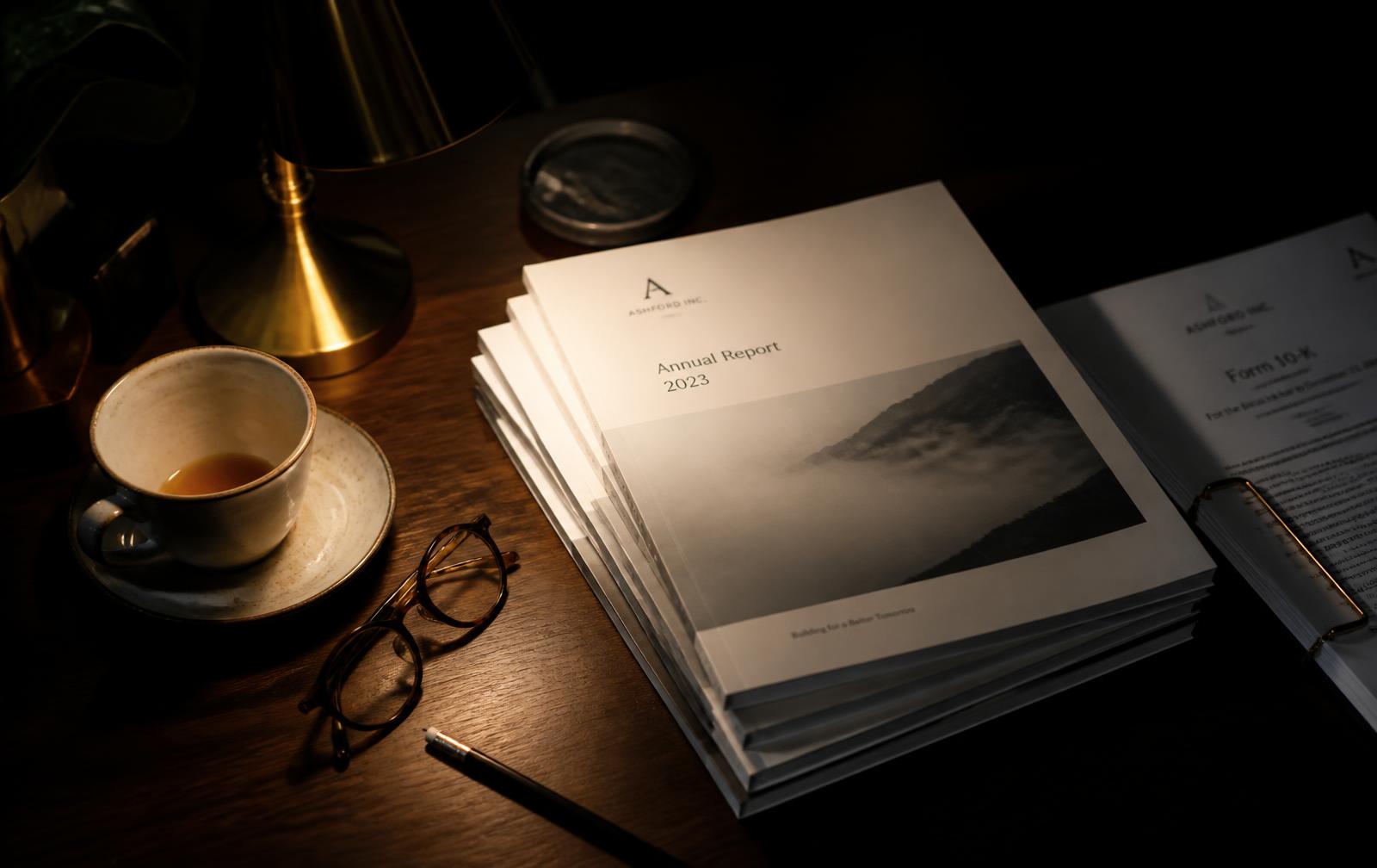 A stack of company annual reports on a desk under a warm lamp, late at night