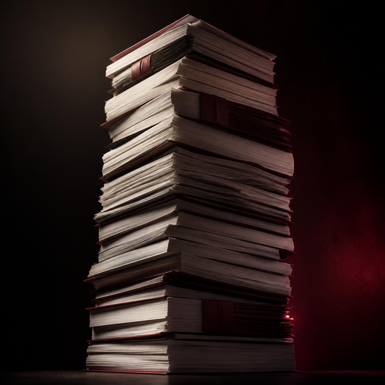 A towering stack of dense annual reports lit in near darkness